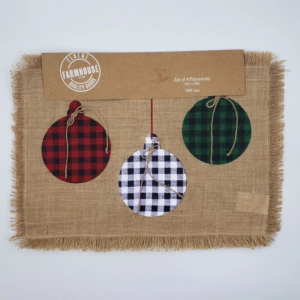 Elrene Farmhouse Holiday‎ Christmas Ornaments Jute Placemat Set of 4 Gingham NEW